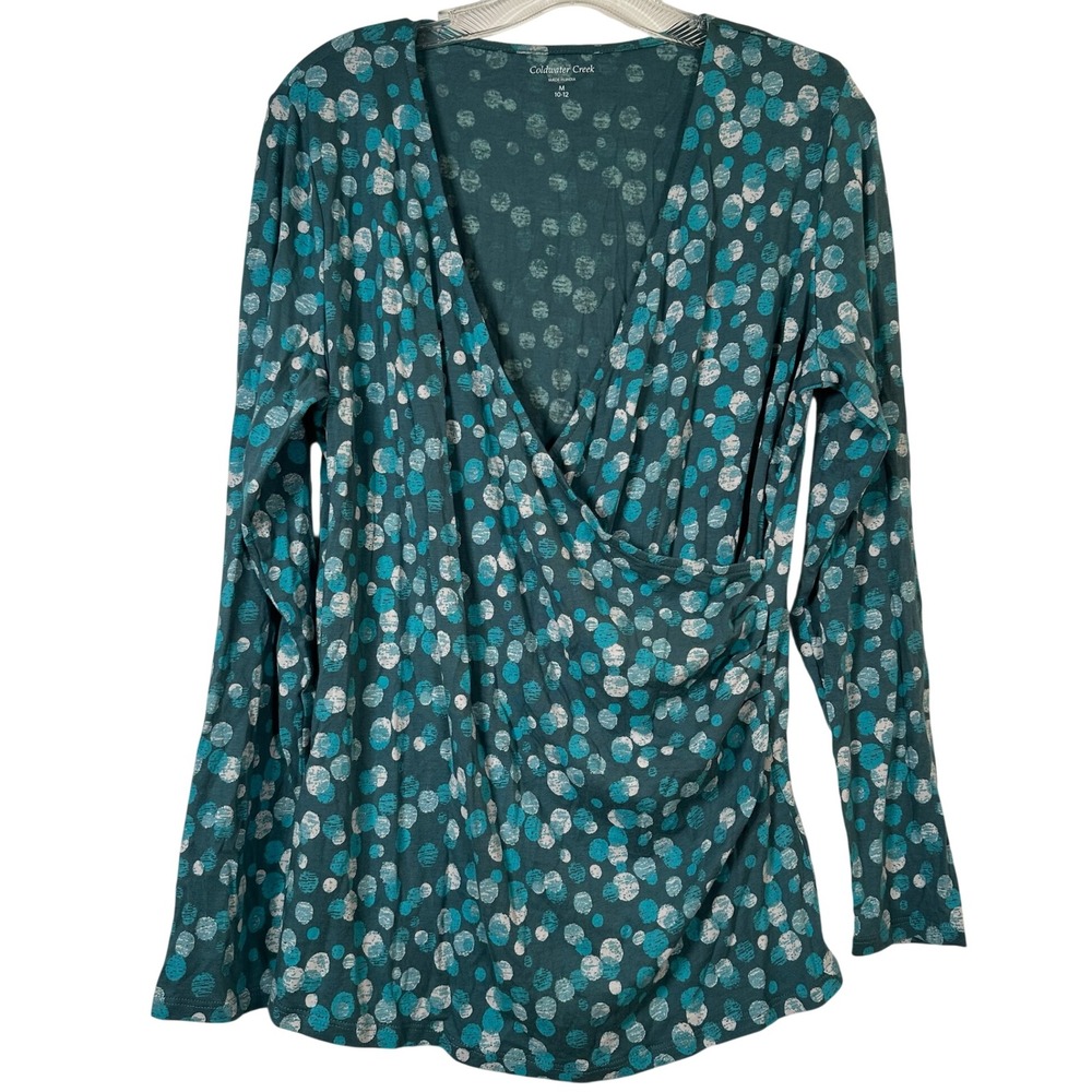 Coldwater Creek Womens M Teal Blue Dot Supima Cotton Modal Surplice Wrap Top